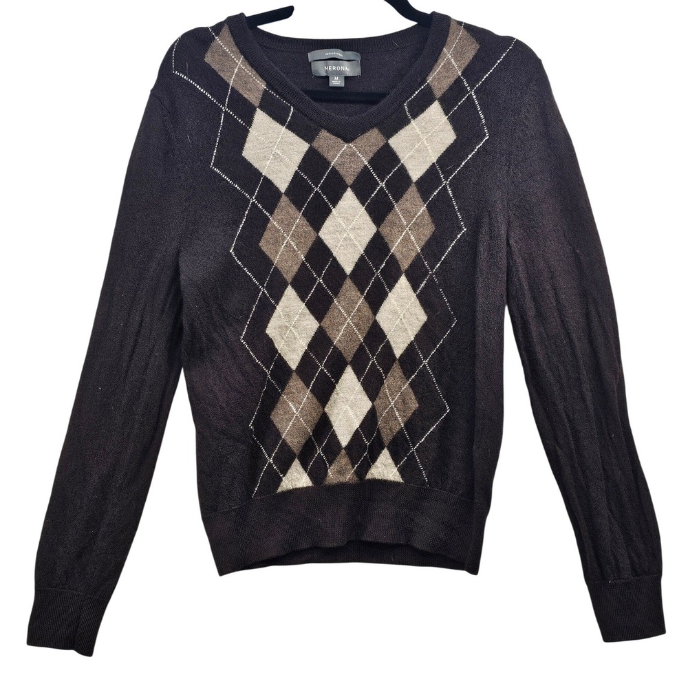 Merona Mens Brown 100% Merino Wool Argyle V-Neck Sweater Size M‎ F16750986